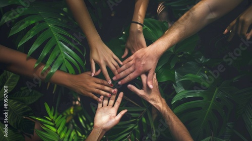 A group of diverse hands reaching out to support a person climbing a steep mountain, symbolizing teamwork and encouragement in overcoming challenges photo