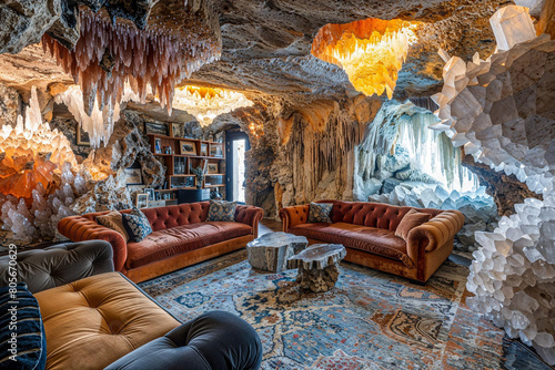 Crystal cave home interior design, living room, mineral formations, underground grotto, fantasy architecture, luxury