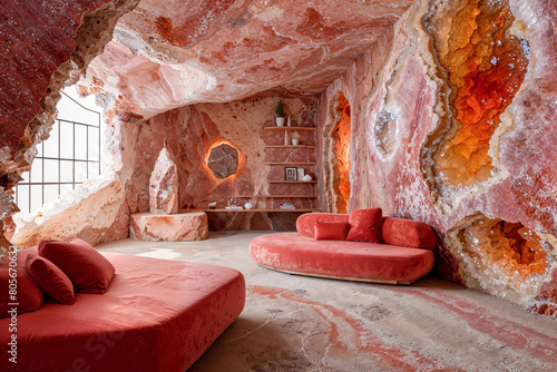 Crystal cave home interior design, pink and orange, mineral formations, underground grotto, fantasy architecture, luxury