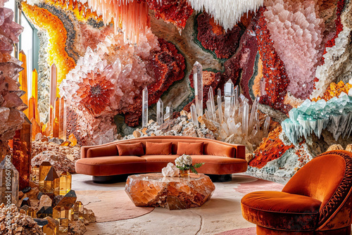 Crystal cave home interior design, living room, mineral formations, underground grotto, fantasy architecture, luxury
