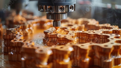 A vivid portrayal of a CNC wood machine creating a series of precise interlocking joints on a piece of wood, demonstrating the machine's capability in fine woodworking.