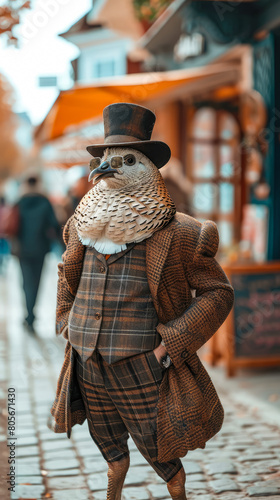Suave turkey parades through city streets in tailored elegance, epitomizing street style.