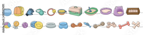 Set of pet supplies. Sleeping pillow, chew toy, ball toys, medal, nail clippers, brush, hair remover glove, tape measure leash, portable water bowl