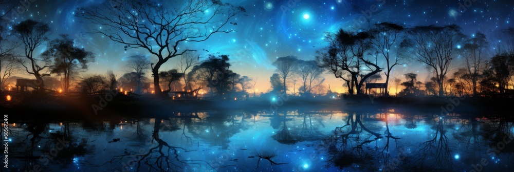 Obraz premium The night sky comes alive with vibrant stars above the still lake and towering trees in the enchanting forest. Experience the magic of natures nocturnal beauty in this captivating image