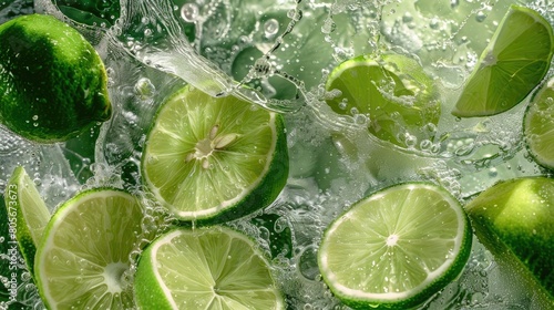 refreshing slices of lime and a splash of water against a lively green background