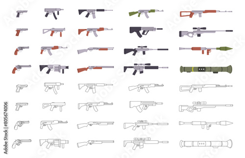 Tactical assault rifles. Military weapons silhouettes. Various modern weapons. Smoothbore guns, AK 47, sniper rifles, anti-tank grenade launchers.