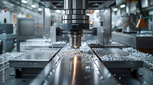 A wide-angle view of a modern CNC milling machine in action, processing a large piece of aluminum. The image should showcase the entire machine within a clean, well-organized industrial environment