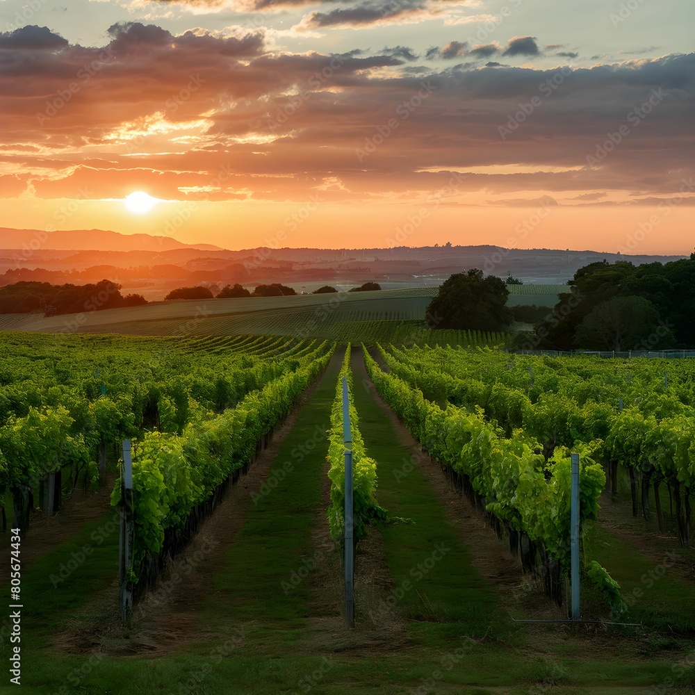 Naklejka premium Vineyard at Sunset