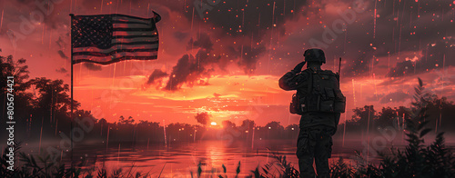 A marine standing in the rain saluting the american flag in memorial day photo