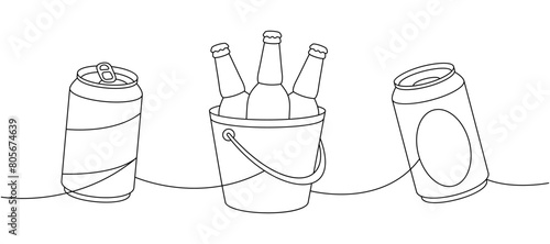 Beer elements one line continuous drawing. Beer cans, bottles in a ice bucket continuous one line illustration. Vector linear illustration.