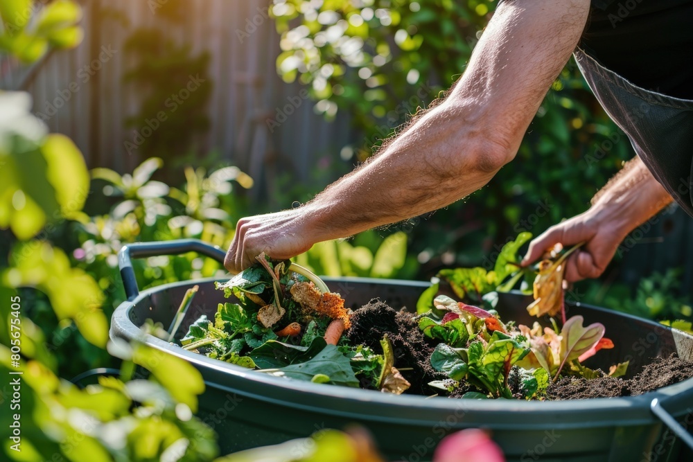 A person tending to their home compost bin. Generate AI image A person tending to their home compost bin. Generate AI image