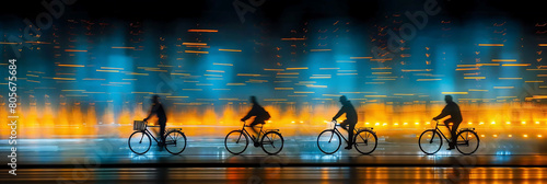 background of four bicyclists riding through a city photo