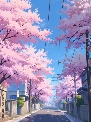 a picture of a street with cherry blossom trees and a blue sky, anime asthetic, anime aesthetic, japanese street, anime vibes, anime scenery, japan travel aesthetic, beautiful anime styleGenerative AI photo