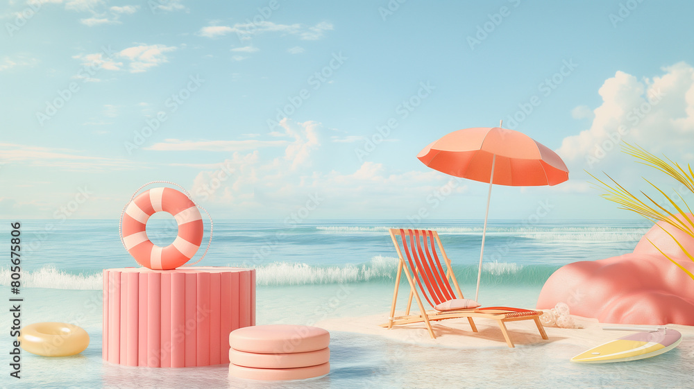 Obraz premium podium Surreal dream Summer 3d polygon , pile of sand beach umbrella, beach chair, beach ball, flowers, Travel inspiration