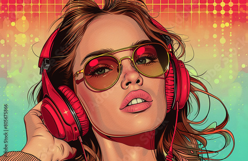 Wow pop art face. Sexy woman and sunglasses, listen music. Colorful background in pop art retro comic style.