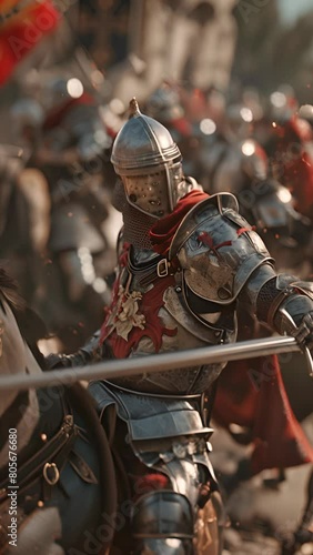 A man in a suit of armor is riding a horse and holding a sword. The scene is set in a medieval battle, with other knights and soldiers in the background. Scene is intense and dramatic. Vertical video photo