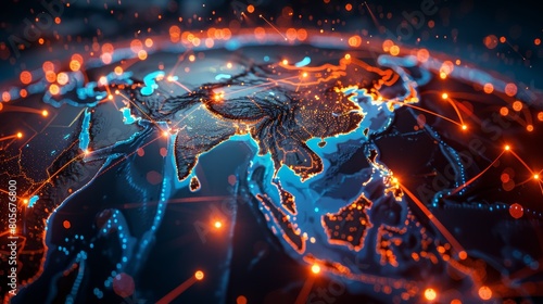 Striking digital map depicting Earth at night with detailed network connectivity across continents and oceans. © Siwatcha Studio
