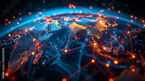Digital illustration of glowing network lines and nodes spanning a stylized world map  symbolizing global connectivity.