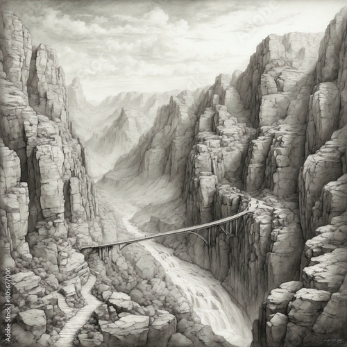 A breathtaking scene featuring a suspension bridge spanning a deep canyon