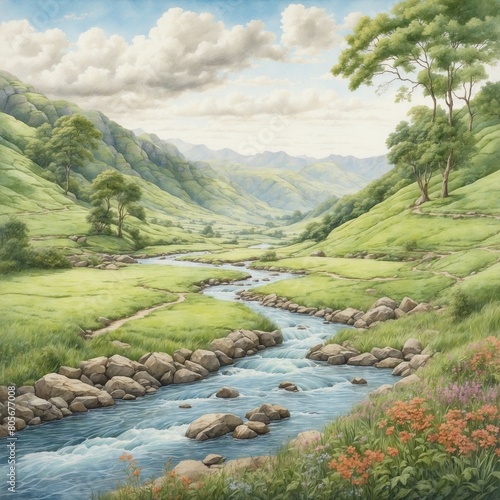 A serene landscape featuring a meandering river flowing through a lush green valley