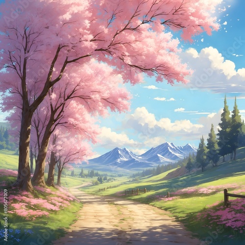 A picturesque scene of a rural pathway lined with blooming trees
