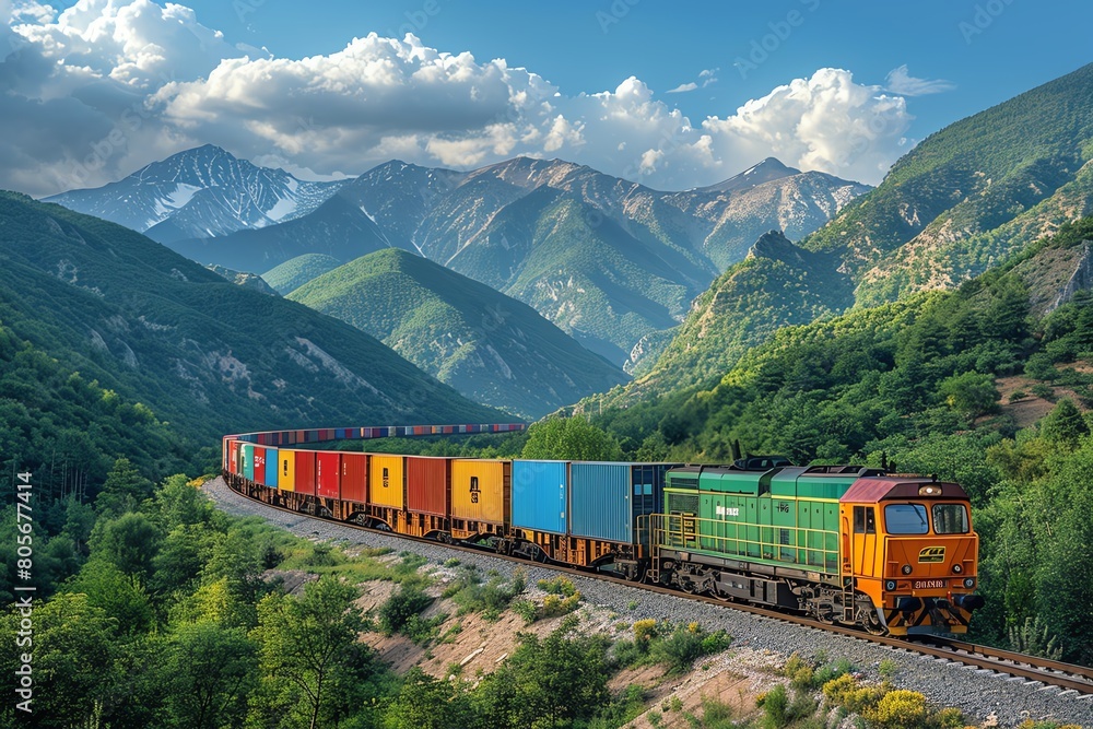 Train loaded with containers passing through a rural landscape, seamless supply chain