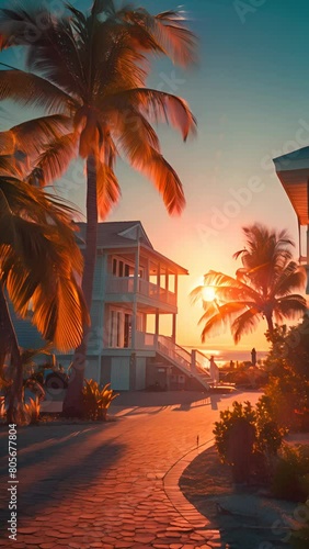 A beach house with a palm tree in front of it. The house is white and has a balcony. The sun is setting in the background. Vertical video photo