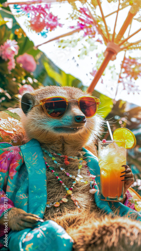 A meerkat in human clothes lies on a sunbathe on the beach, on a sun lounger, under a bright sun umbrella,