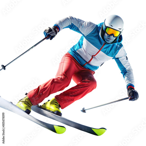 A man skiing down the side of a snow-covered slope in a winter landscape