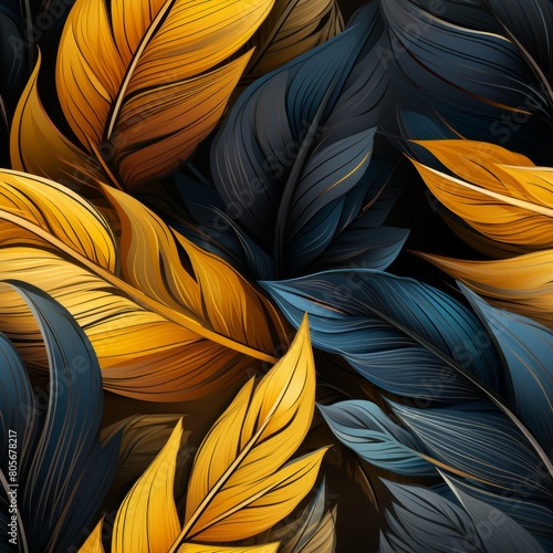Vector pattern featuring elegant dark blue and gold tropical leaves and feathers on a sleek black background. Perfect for creating stylish backgrounds, wallpapers, and design projects