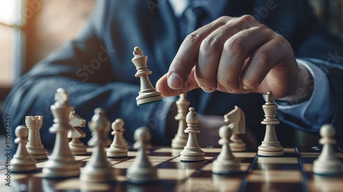 Close up of a businessman's hand is moving chess Strategic marketing planning by competitor analysis will make business successful as planned. Mergers or joint operations. Concept honest work