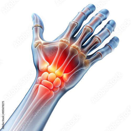 Anatomical representation of a hand with highlighted inflamed joints photo