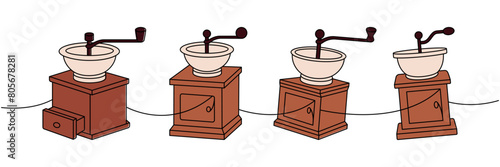 Coffee grinders one line colored continuous drawing. Hand drawn elements for cafe menu, coffee shop. Vector linear illustration.