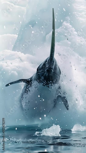 A narwhal with a neon blue sonic horn, breaking through the Arctic ice from below. Vertical video photo