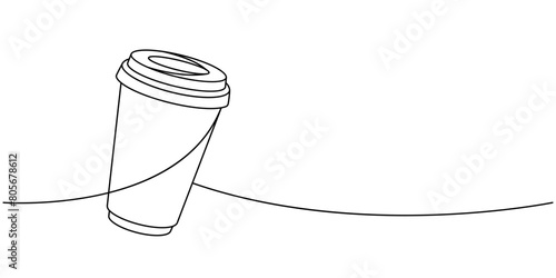 Coffee takeaway cup one line continuous drawing. Hand drawn elements for cafe menu, coffee shop. Vector linear illustration.