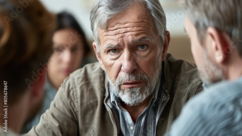 A closeup shot of a man with a caring expression listening intently to his fellow group member at a male support group meeting.