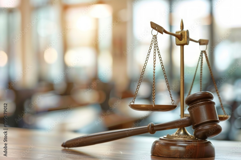 Close-up of a wooden gavel and scales on a table. Generate AI image Close-up of a wooden gavel and scales on a table. Generate AI image