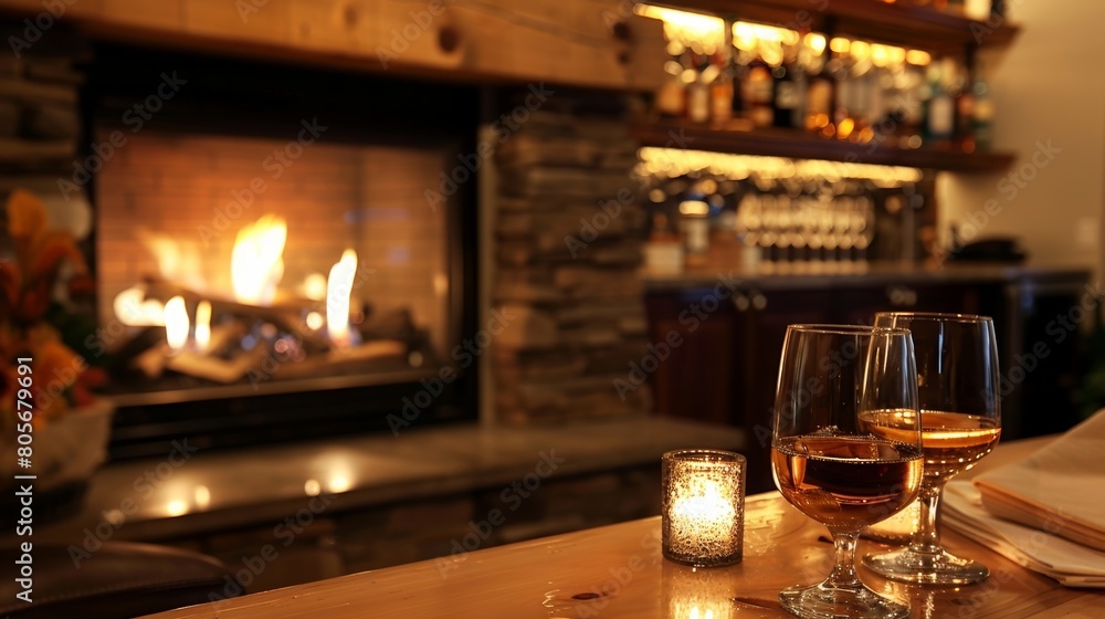 A cozy fireplace in the corner providing a cozy atmosphere for sipping on a glass of fine wine or a handcrafted cocktail at the sophisticated home bar. A cozy fireplace in the corner providing a cozy atmosphere for sipping on a glass of fine wine or a handcrafted cocktail at the sophisticated home bar.