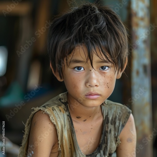 The young boys eyes reveal deep sadness and hopelessness. He is dressed in a torn shirt  with matted and dirty hair  set against a blurred background of dark  somber colors