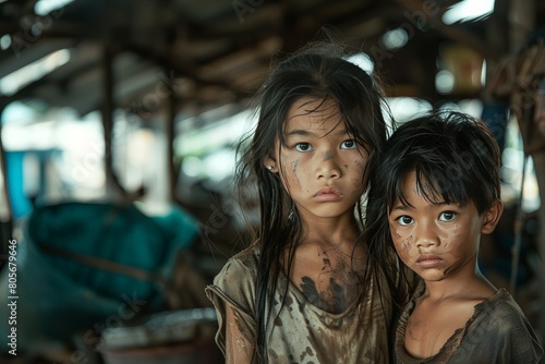 A young girl and boy from a developing country, with dirty faces, stand close together and look at the camera with sad and tired eyes, reflecting the harsh realities of poverty and despair photo