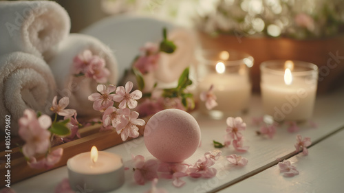 A serene spa setting featuring fluffy white towels  pink cherry blossoms  and glowing candles on a light wooden table.