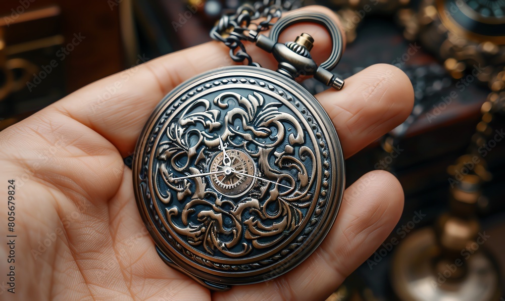 Pocket watch open in a hand, vintage style, detailed engraving, close view