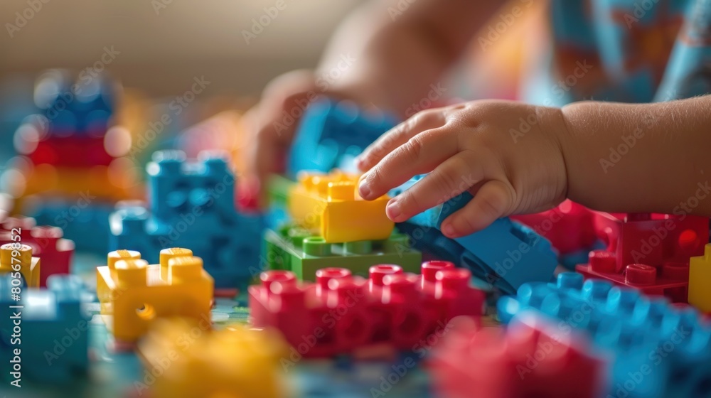 Close-up of a child's hands playing with colorful . Generate AI image Close-up of a child's hands playing with colorful . Generate AI image