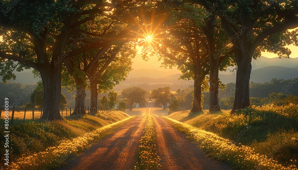 Old oak tree lined avenue, golden hour light, leading to a distant manor
