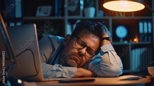 Corporate worker dozing off during an early morning video conference, illustrating disinterest and fatigue photo