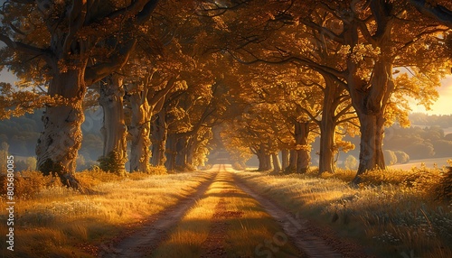 Old oak tree lined avenue  golden hour light  leading to a distant manor