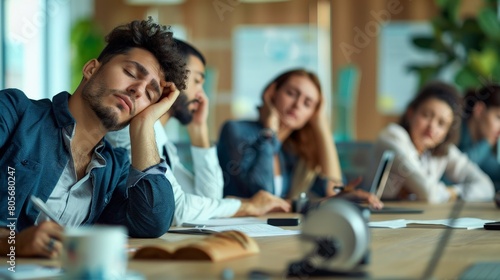 Employees visibly tired and frustrated during an overly long meeting with no clear agenda photo