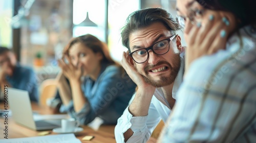 Employees expressing frustration as they sit through another lengthy and unproductive meeting photo