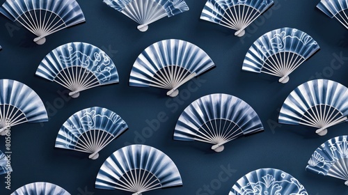 Seamless pattern of elegant oriental fans on a navy blue background