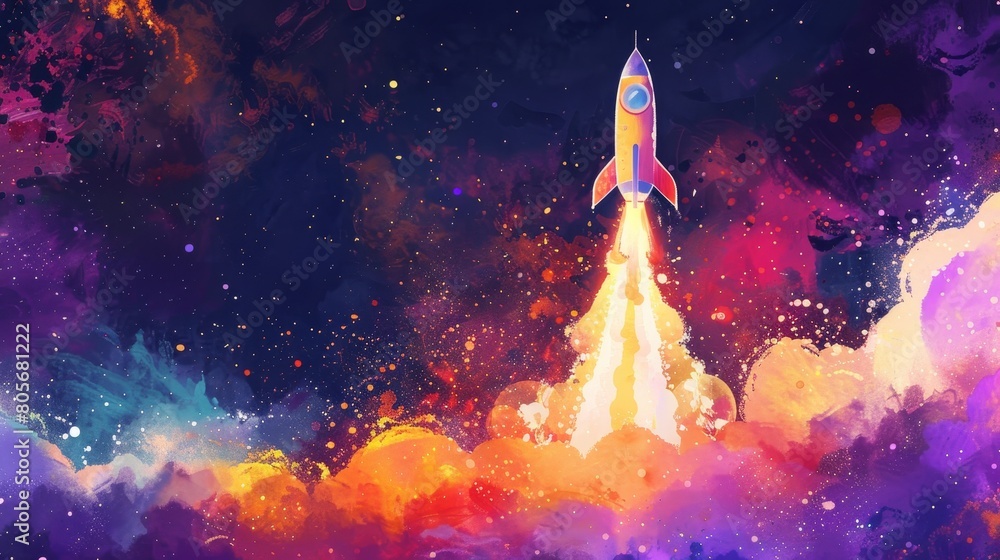 Artistic watercolor illustration of a rocket soaring high, surrounded by a burst of energy on a dark purple backdrop, embodying entrepreneurial spirit Artistic watercolor illustration of a rocket soaring high, surrounded by a burst of energy on a dark purple backdrop, embodying entrepreneurial spirit
